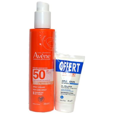 Solaire spray invisible SPF50 visage corps 200ml + lait réparateur 50ml