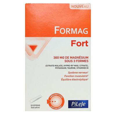 Formag Fort 360mg magnésium sous 3 formes goût pêche 15 sticks