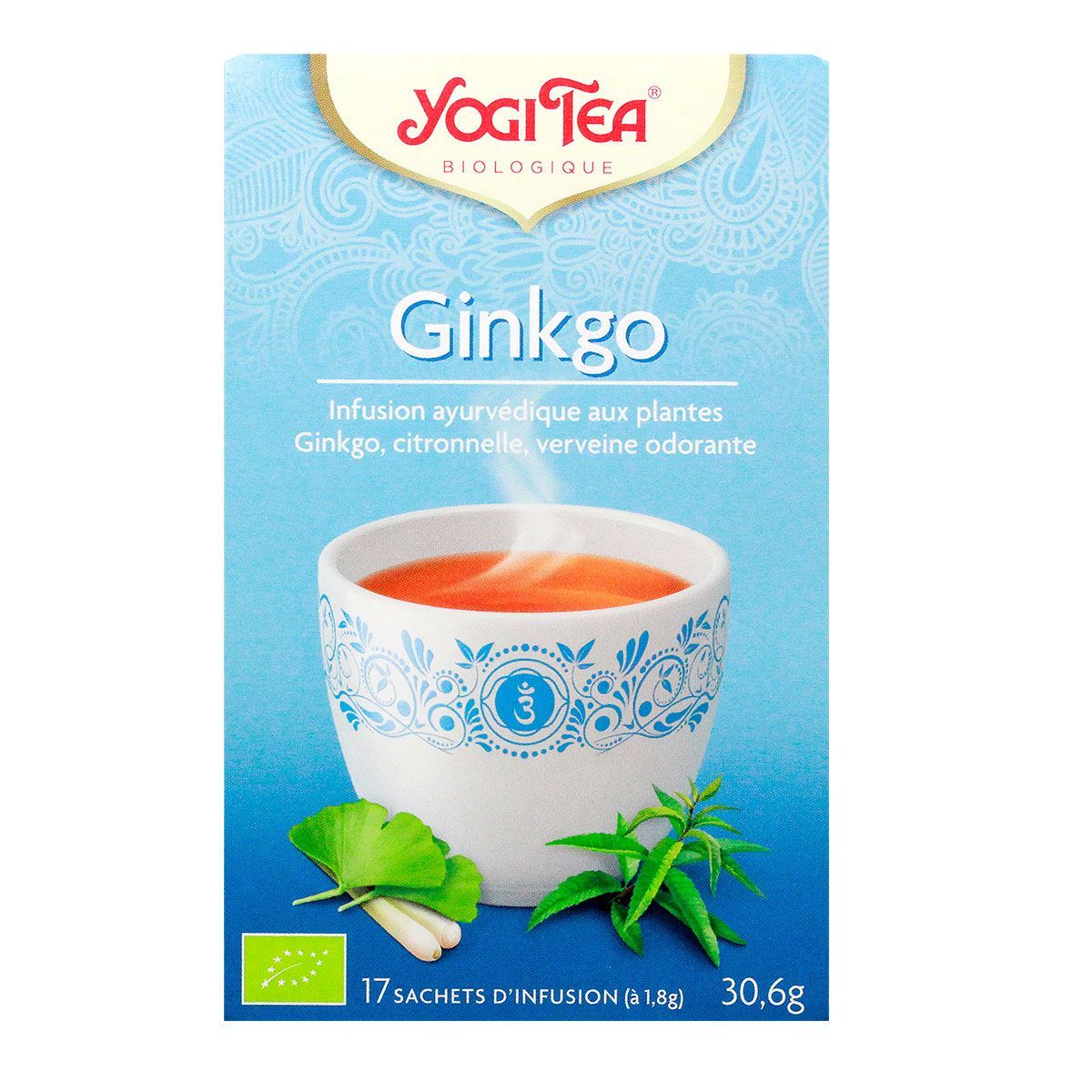 L'infusion ginkgo Yogi Tea contient des plantes telles que le ginkgo, la  citronnelle et la verveine