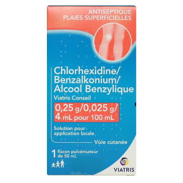 Chlorhexidine Benzalkonium  4ml pour 100ml alcool benzylique 50ml