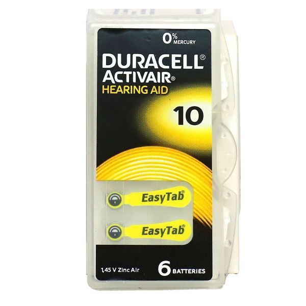 6 piles auditives n°10 EasyTab Zinc Air 1,45V 0% mercure