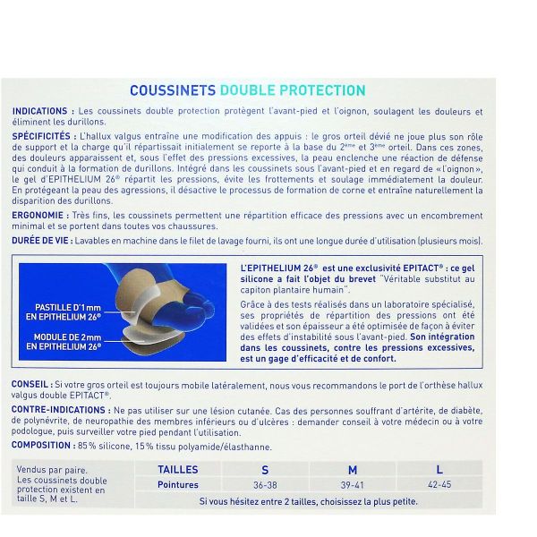 2 coussinets double protection Hallux Valgus et douleurs plantaires taille S